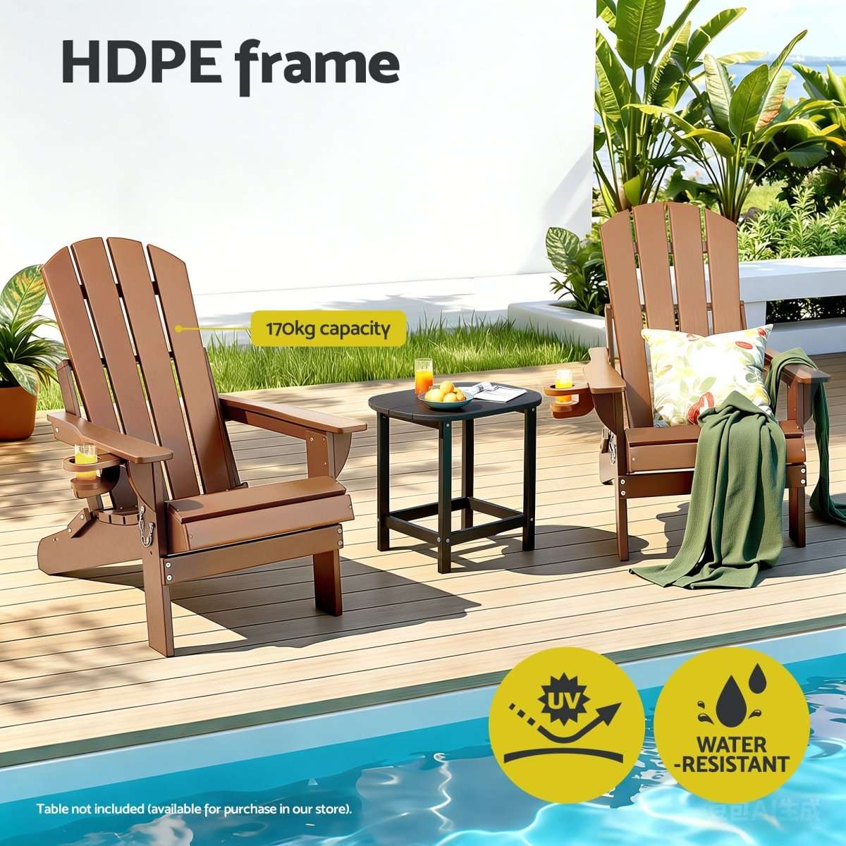 Gardeon Outdoor Chairs Folding Adirondack Beach Chair HDPE Sun Lounge Patio Furniture Garden Brown | Furniture > Outdoor > Outdoor Chairs