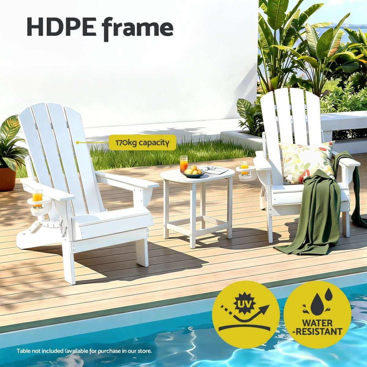 Gardeon Outdoor Chairs Folding Adirondack Beach Chair HDPE Sun Lounge Patio Furniture Garden White | Furniture > Outdoor > Outdoor Chairs