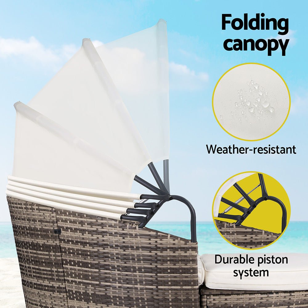 Gardeon Outdoor Day Bed Sun Lounge Setting Wicker Lounger Furniture Patio Beige Set of 3 | Outdoorium