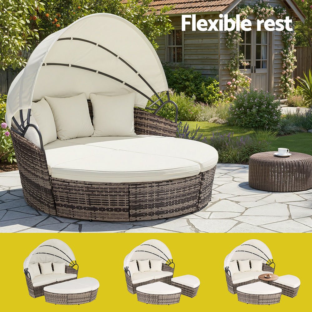 Gardeon Outdoor Day Bed Sun Lounge Setting Wicker Lounger Furniture Patio Beige Set of 3 | Outdoorium