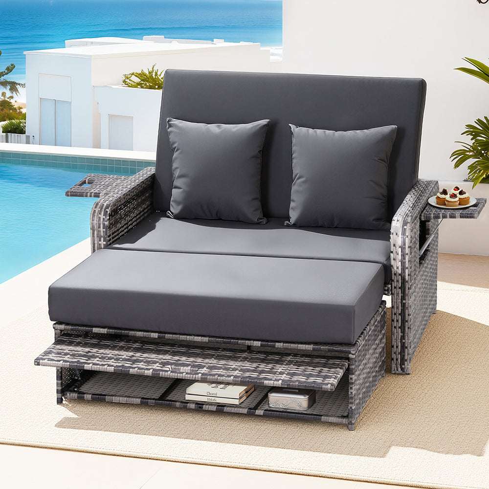Gardeon Outdoor Day Bed Sun Lounge Setting Wicker Lounger Patio Furniture Grey | Furniture > Sofas > Sofas & Sofa Beds