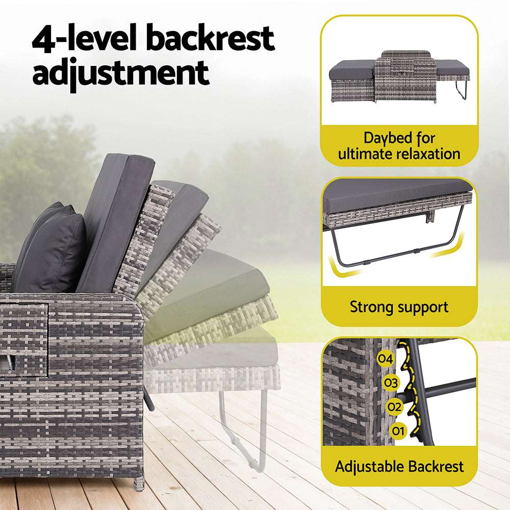 Gardeon Outdoor Day Bed Sun Lounge Setting Wicker Lounger Patio Furniture Grey | Furniture > Sofas > Sofas & Sofa Beds