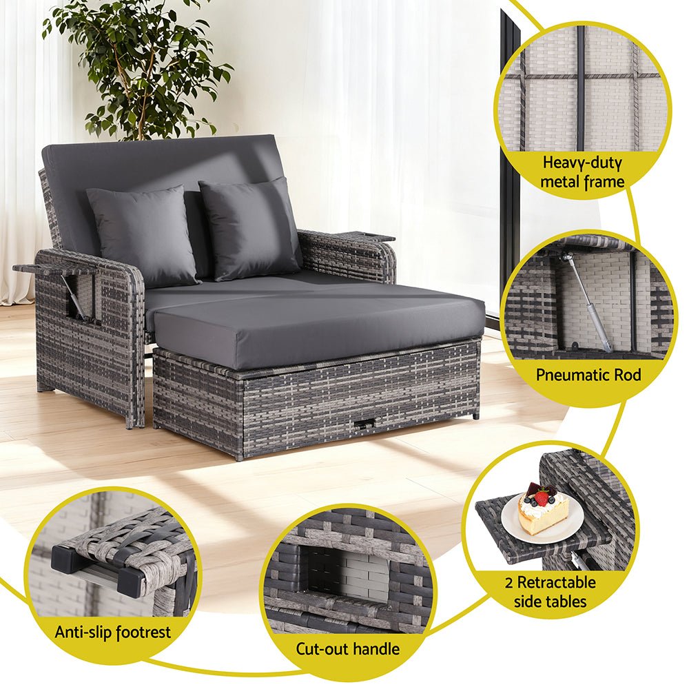 Gardeon Outdoor Day Bed Sun Lounge Setting Wicker Lounger Patio Furniture Grey | Outdoorium