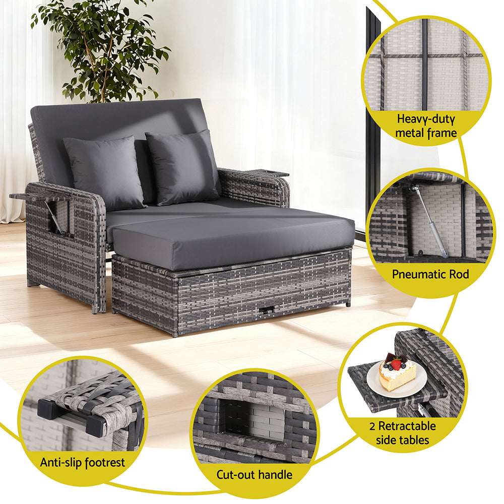 Gardeon Outdoor Day Bed Sun Lounge Setting Wicker Lounger Patio Furniture Grey | Furniture > Sofas > Sofas & Sofa Beds