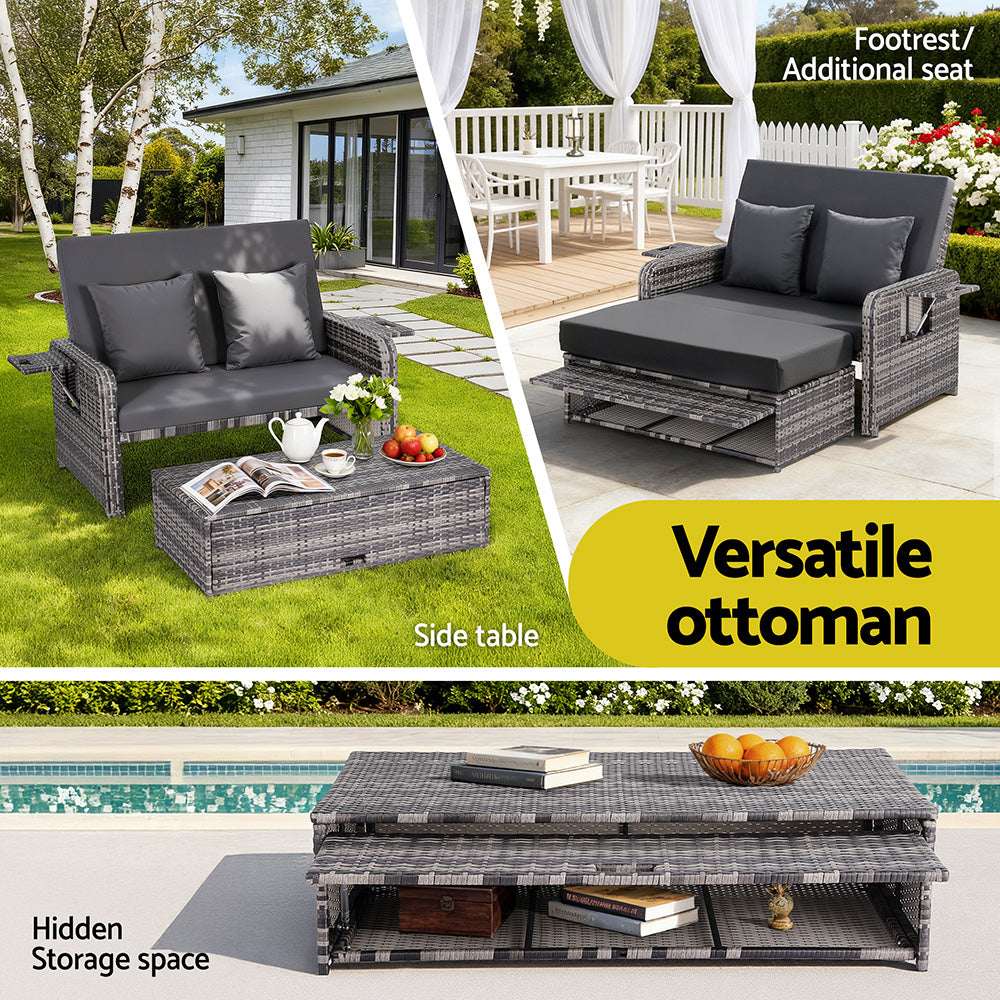 Gardeon Outdoor Day Bed Sun Lounge Setting Wicker Lounger Patio Furniture Grey | Furniture > Sofas > Sofas & Sofa Beds