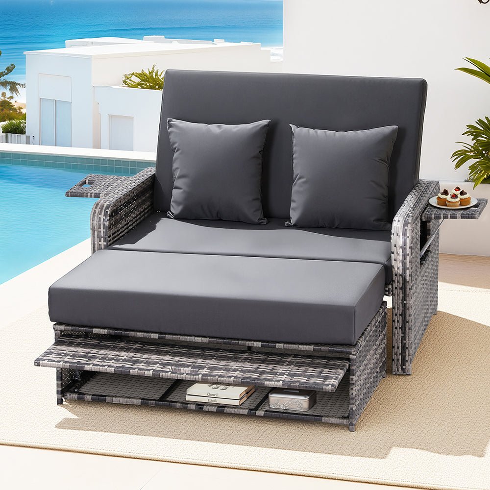 Gardeon Outdoor Day Bed Sun Lounge Setting Wicker Lounger Patio Furniture Grey | Outdoorium