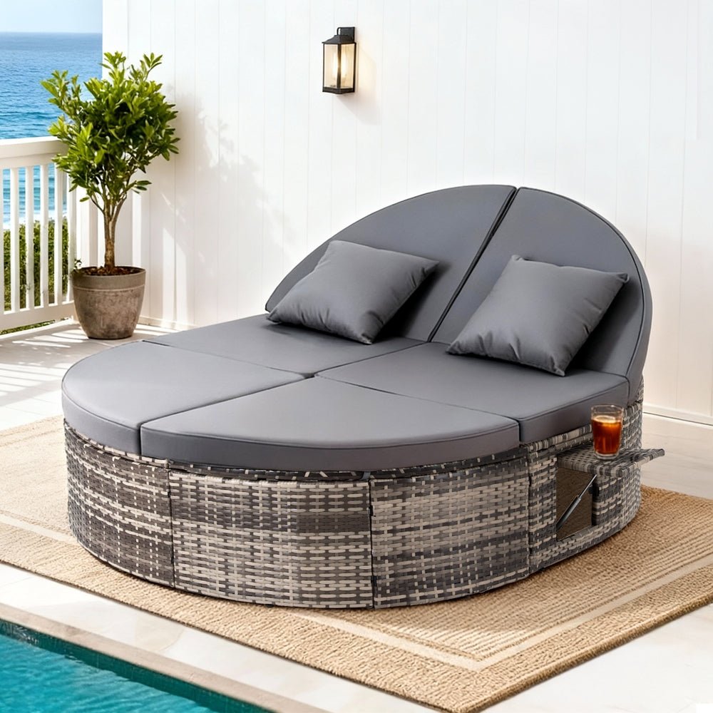 Gardeon Outdoor Day Bed Sun Lounge Setting Wicker Lounger Patio Furniture w/ Retractable Side Tray | Outdoorium