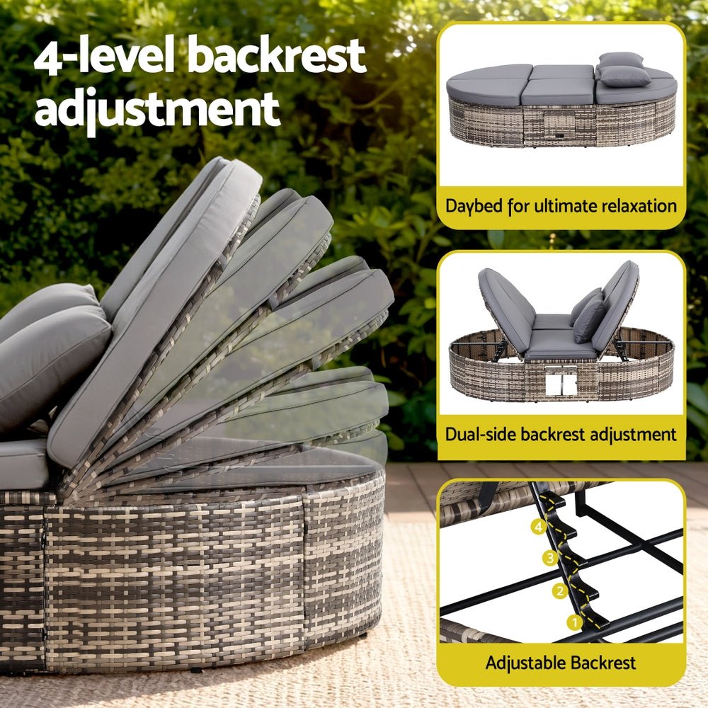 Gardeon Outdoor Day Bed Sun Lounge Setting Wicker Lounger Patio Furniture w/ Retractable Side Tray | Outdoorium