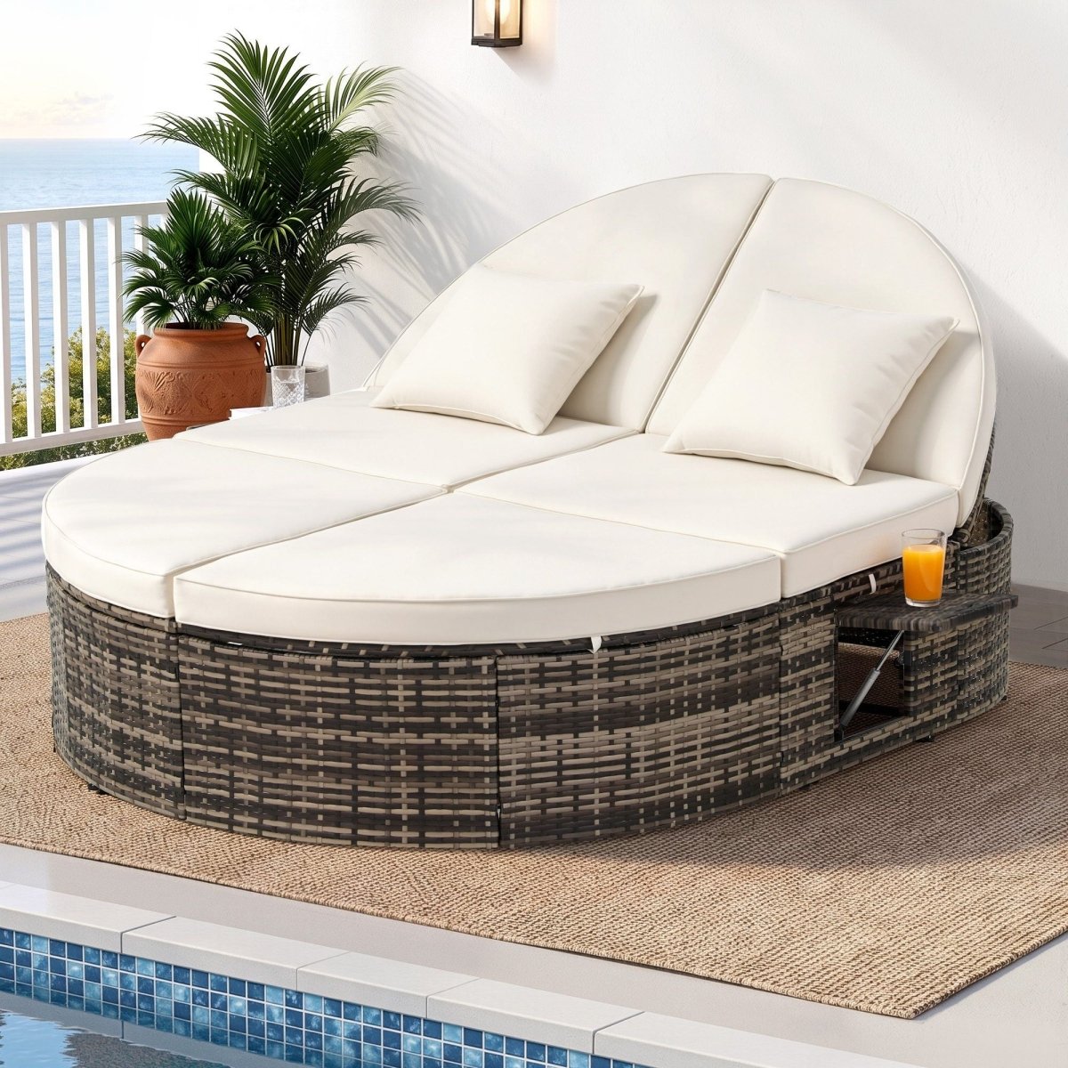 Gardeon Outdoor Day Bed with Retractable Side Trays - Beige