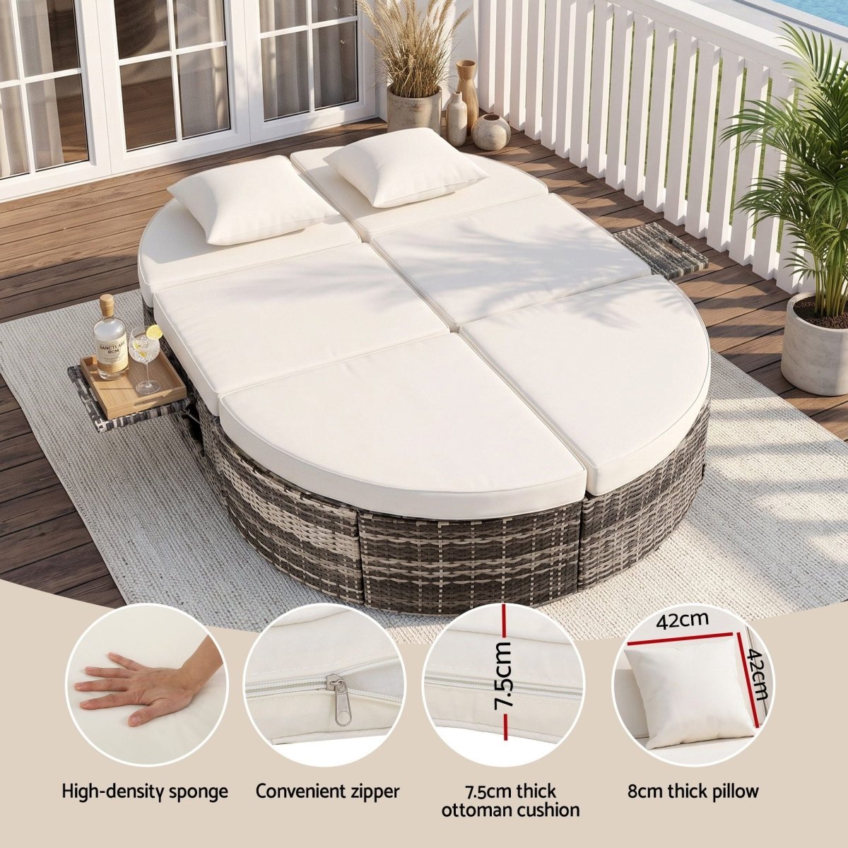 Gardeon Outdoor Day Bed with Retractable Side Trays - Beige