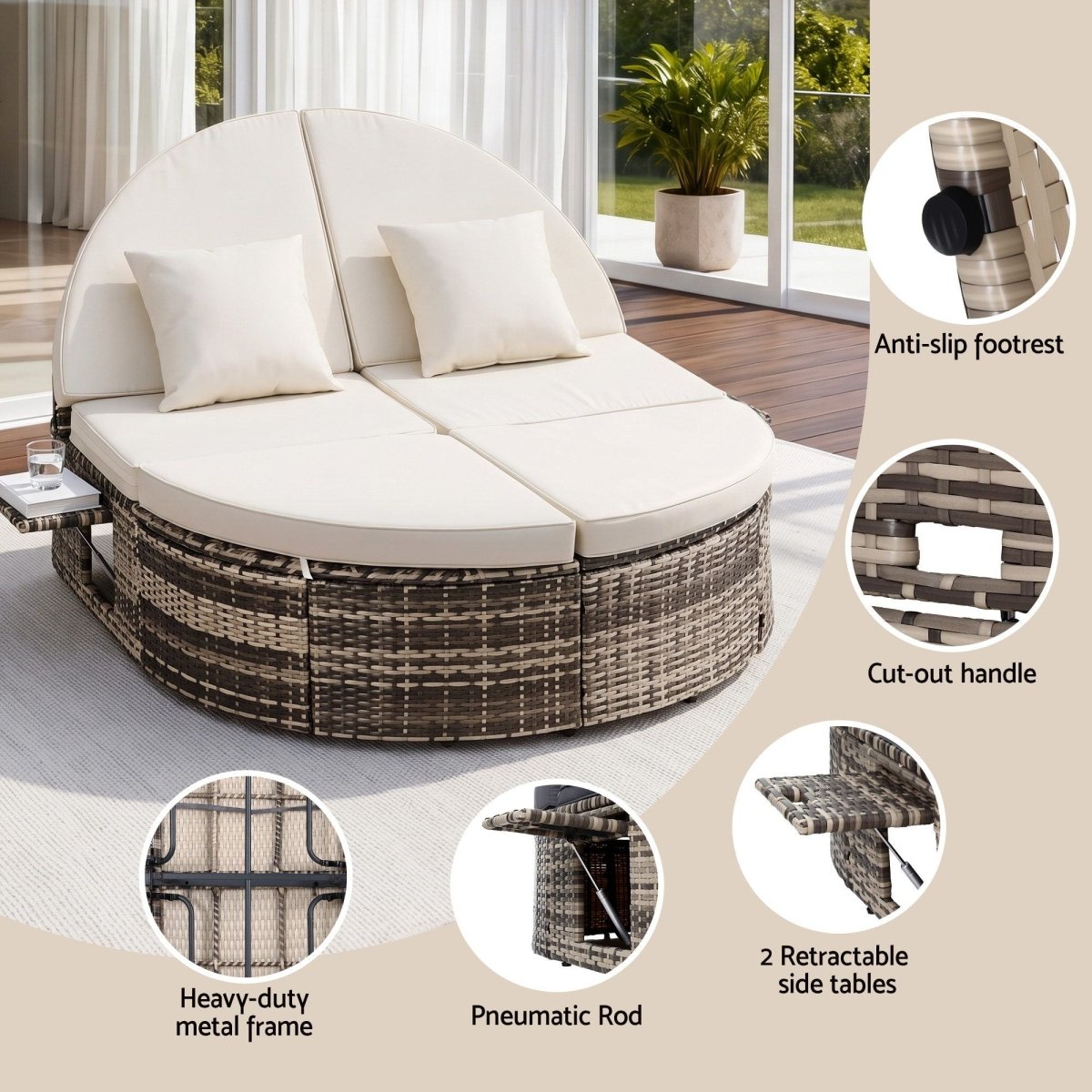 Gardeon Outdoor Day Bed with Retractable Side Trays - Beige