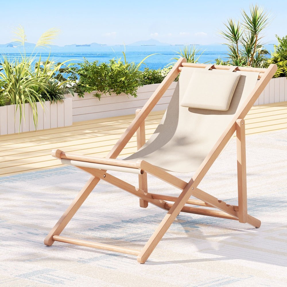 Gardeon Outdoor Deck Chair Wooden Sun Lounge Folding Beach Patio Furniture Beige - Outdoorium