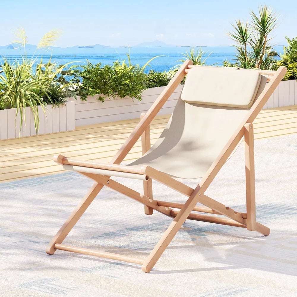 Gardeon Outdoor Deck Chair Wooden Sun Lounge Folding Beach Patio Furniture Beige | Furniture > Outdoor > Outdoor Sofas & Lounge Sets