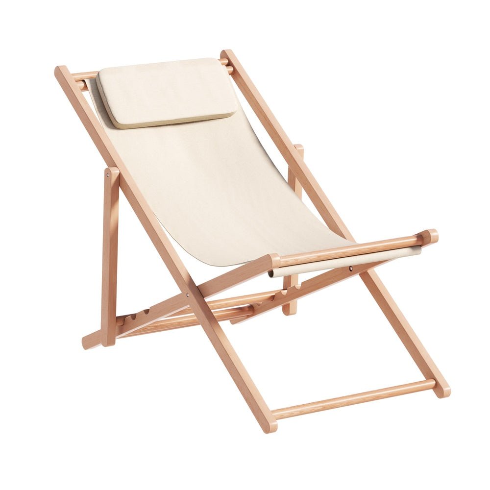 Gardeon Outdoor Deck Chair Wooden Sun Lounge Folding Beach Patio Furniture Beige - Outdoorium