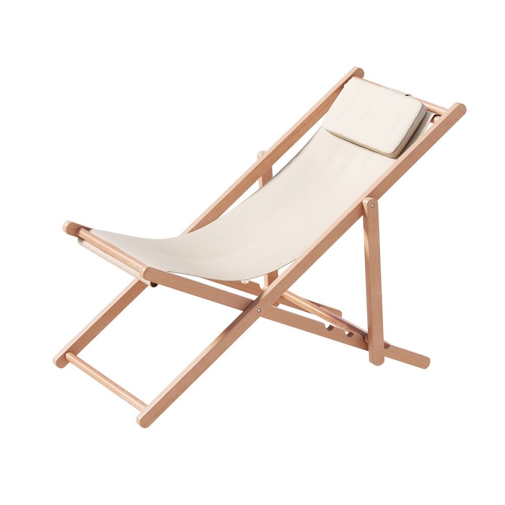 Gardeon Outdoor Deck Chair Wooden Sun Lounge Folding Beach Patio Furniture Beige - Outdoorium