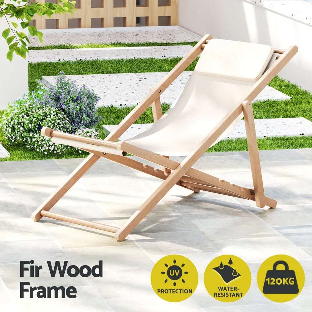 Gardeon Outdoor Deck Chair Wooden Sun Lounge Folding Beach Patio Furniture Beige | Furniture > Outdoor > Outdoor Sofas & Lounge Sets