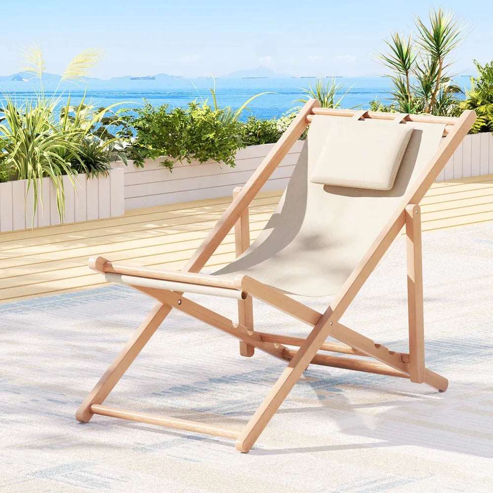 Gardeon Outdoor Deck Chair Wooden Sun Lounge Folding Beach Patio Furniture Beige | Furniture > Outdoor > Outdoor Sofas & Lounge Sets