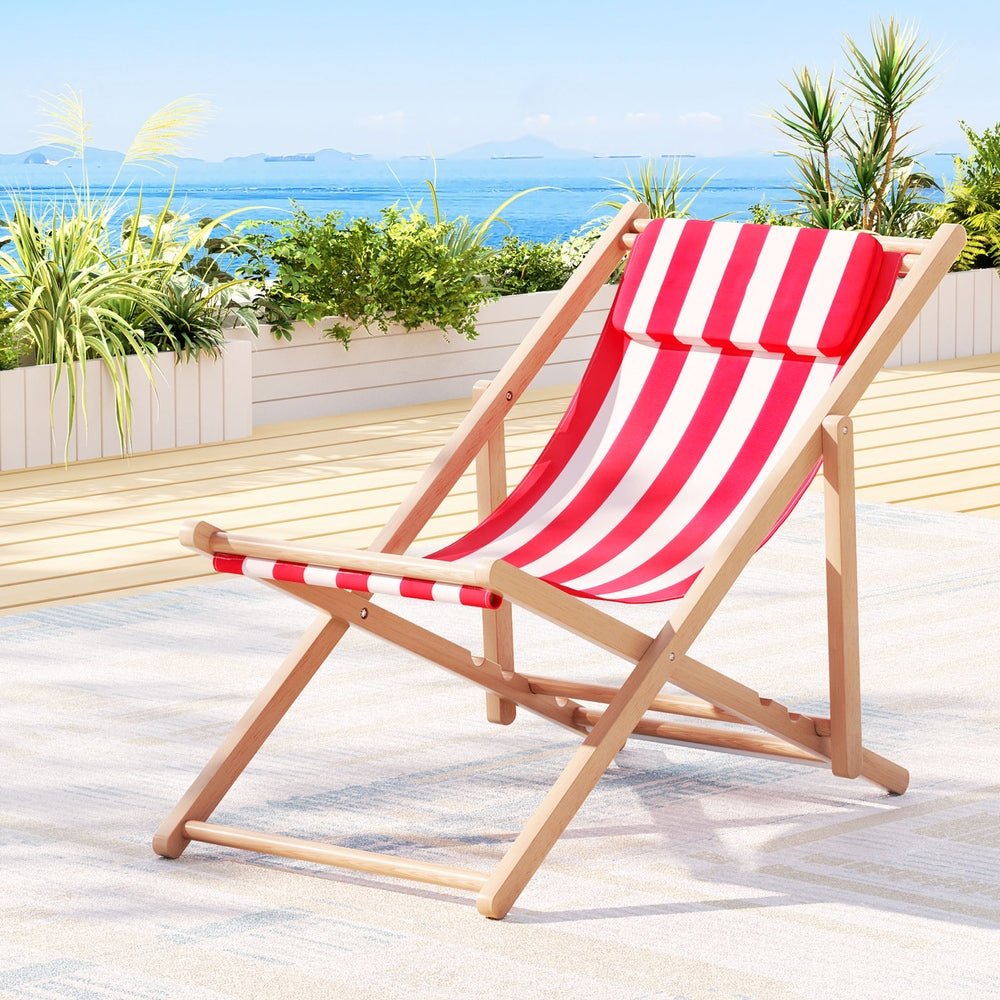 Gardeon Outdoor Deck Chair Wooden Sun Lounge Folding Beach Patio Furniture Red - Outdoorium