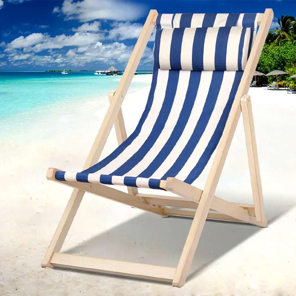 Gardeon Outdoor Deck Chair Wooden Sun Lounger Folding Beach Patio Furniture Blue | Furniture > Outdoor > Outdoor Sofas & Lounge Sets