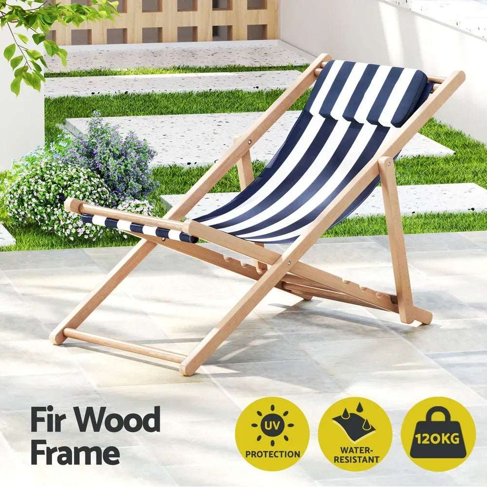 Gardeon Outdoor Deck Chair Wooden Sun Lounger Folding Beach Patio Furniture Blue | Furniture > Outdoor > Outdoor Sofas & Lounge Sets