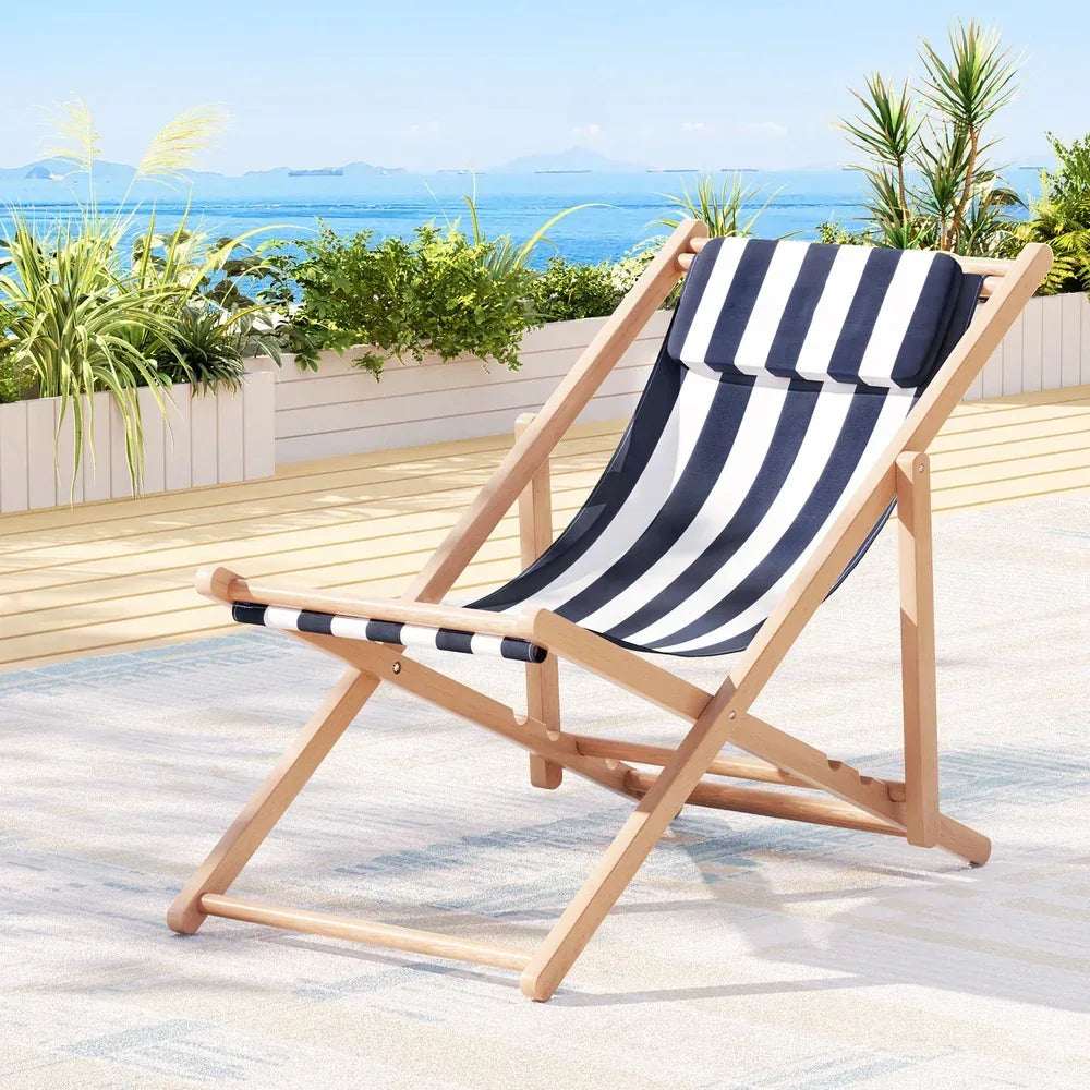 Gardeon Outdoor Deck Chair Wooden Sun Lounger Folding Beach Patio Furniture Blue | Furniture > Outdoor > Outdoor Sofas & Lounge Sets
