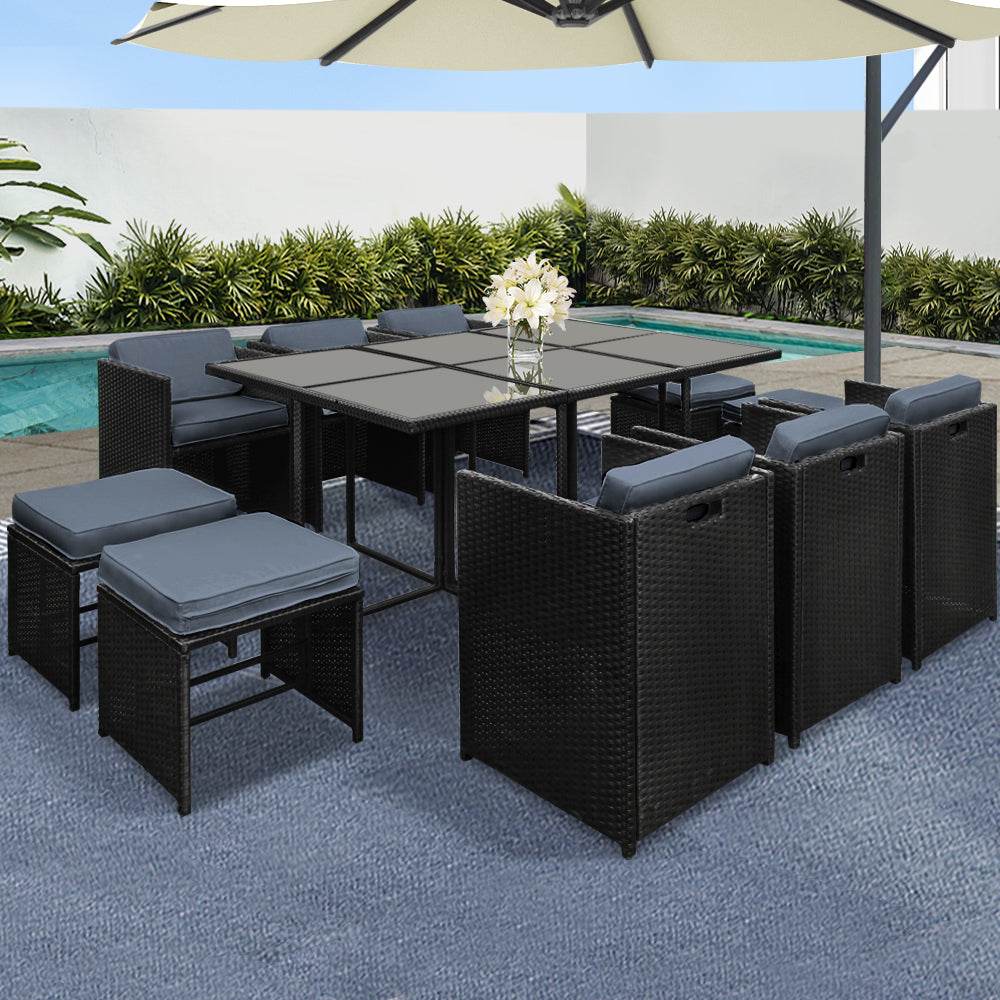 Gardeon Outdoor Dining Set 11 Piece Wicker Table Chairs Setting Black | Outdoorium