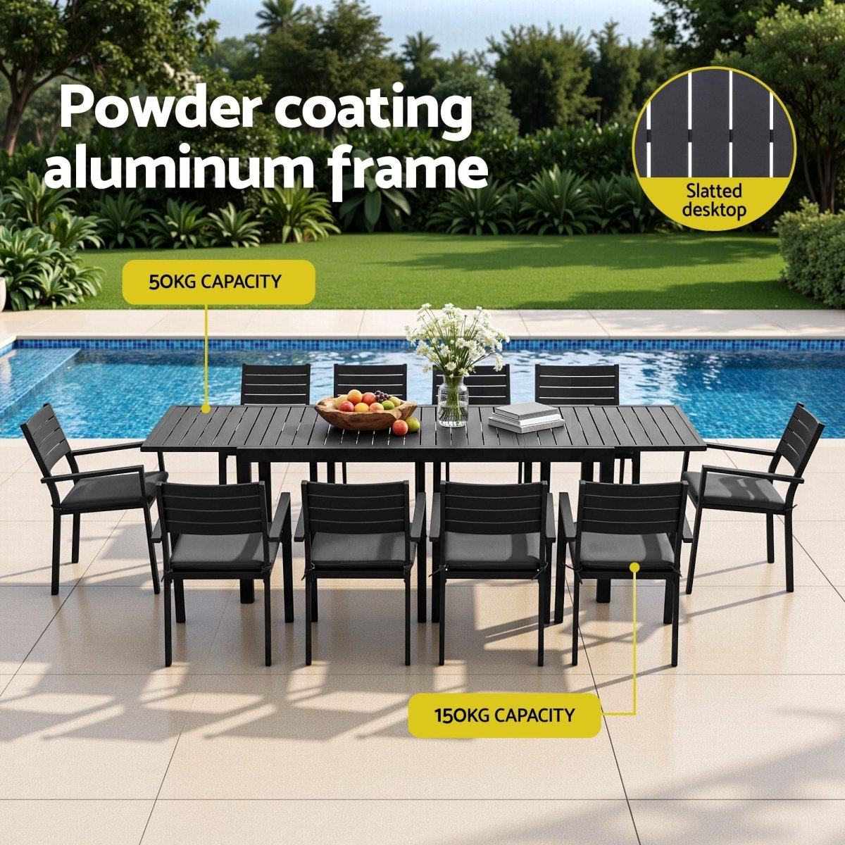 Gardeon Outdoor Dining Set 11PCS Aluminum Extendable Table and Chairs Patio Furniture Black | Furniture > Outdoor > Outdoor Dining Sets