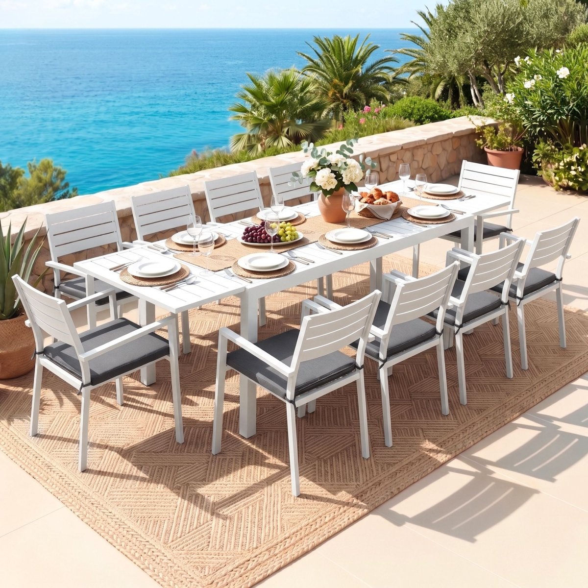 Gardeon Outdoor Dining Set 11PCS Aluminum Extendable Table and Chairs Patio Furniture White | Furniture > Outdoor > Outdoor Dining Sets