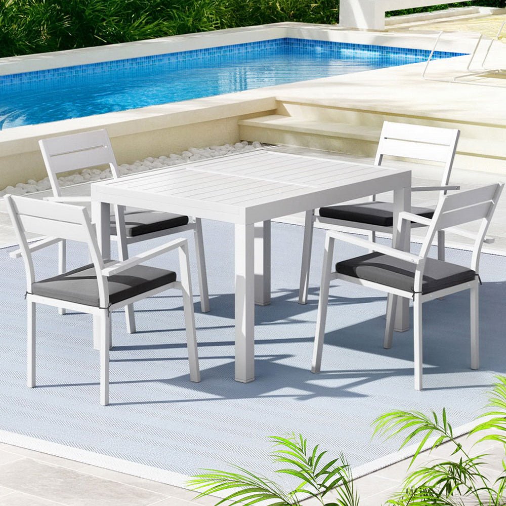 Gardeon Outdoor Dining Set 5 Piece Aluminum Extendable Table Setting White | Outdoorium