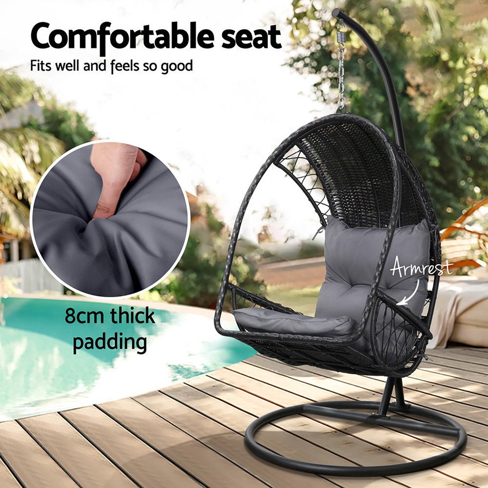 Gardeon Outdoor Egg Swing Chair Wicker Furniture Pod Stand Armrest Black - Outdoorium