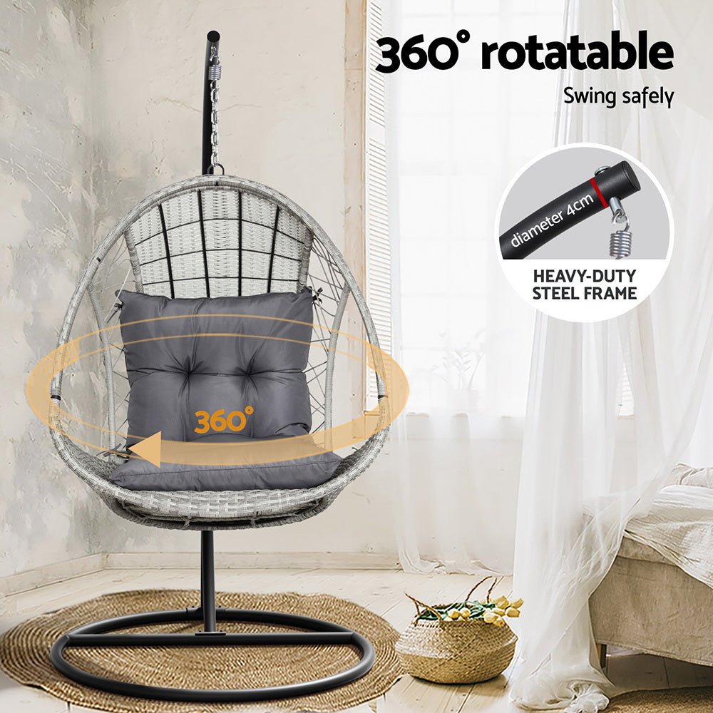 Gardeon Outdoor Egg Swing Chair Wicker Furniture Pod Stand Armrest Light Grey - Outdoorium