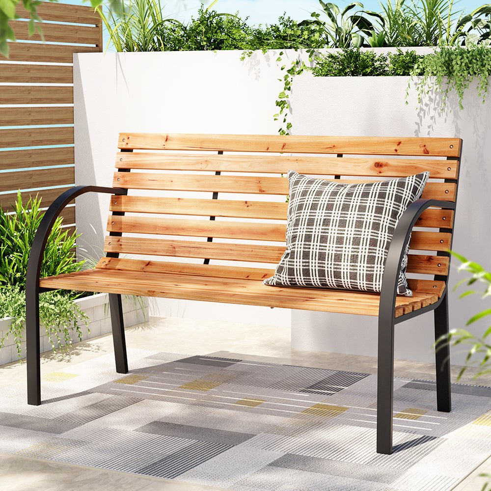 Gardeon Outdoor Garden Bench Seat 120cm Wooden Steel 2 Seater Patio Furniture Natural | Outdoorium