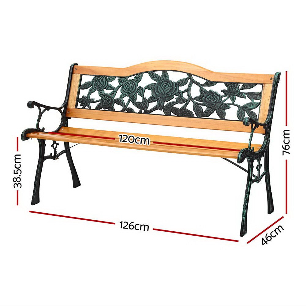 Gardeon Outdoor Garden Bench Seat 126cm Wooden Cast Iron 3 Seater Patio Furniture - Outdoorium