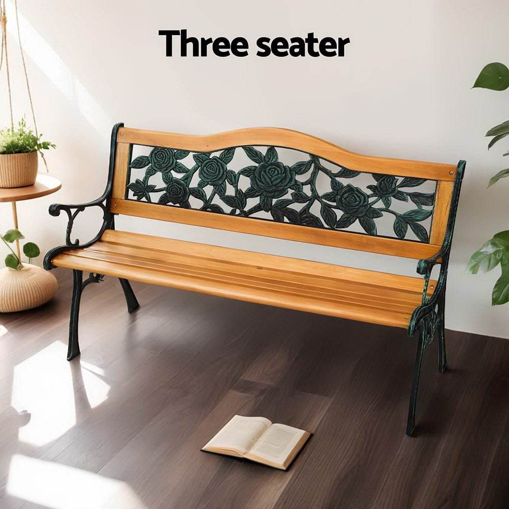 Gardeon Outdoor Garden Bench Seat 126cm Wooden Cast Iron 3 Seater Patio Furniture | Outdoorium