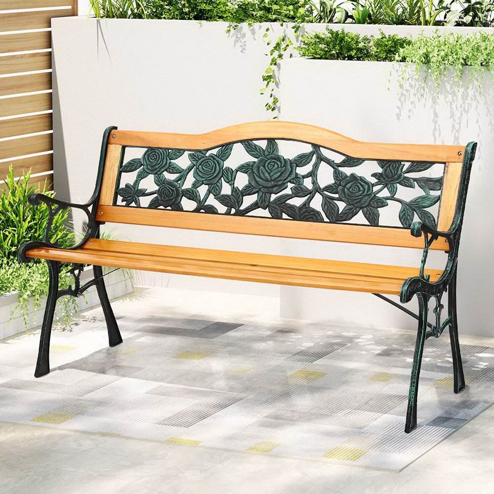 Gardeon Outdoor Garden Bench Seat 126cm Wooden Cast Iron 3 Seater Patio Furniture - Outdoorium