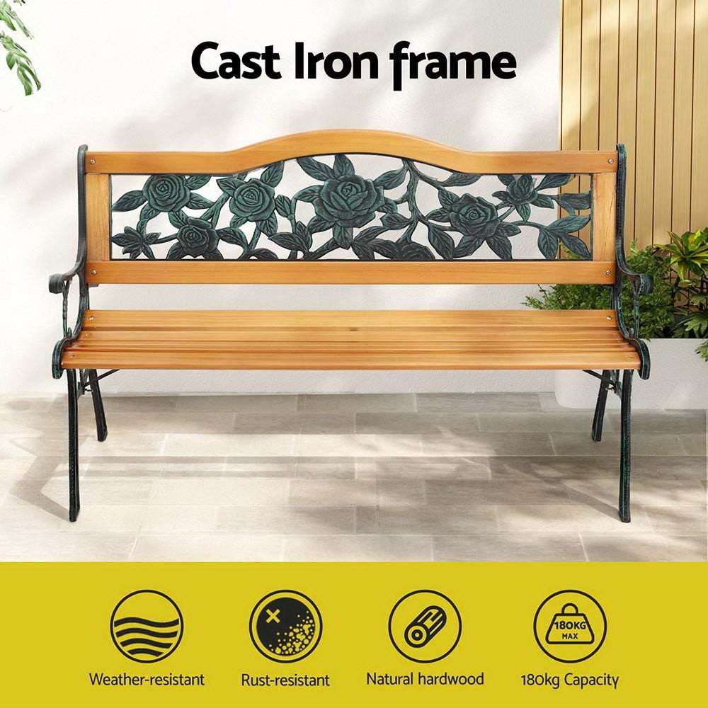 Gardeon Outdoor Garden Bench Seat 126cm Wooden Cast Iron 3 Seater Patio Furniture | Outdoorium