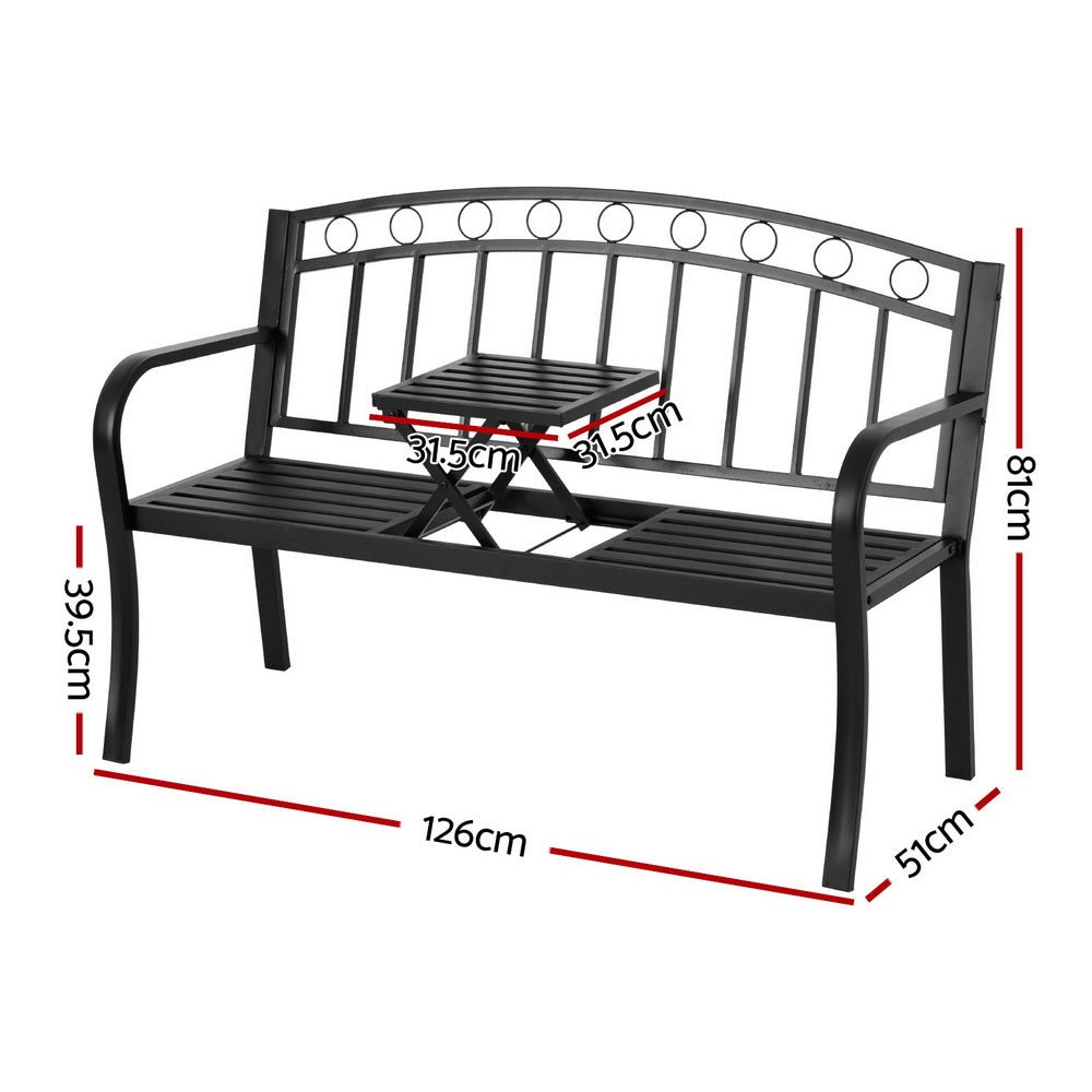 Gardeon Outdoor Garden Bench Seat Loveseat Steel Foldable Table Patio Furniture Black - Outdoorium