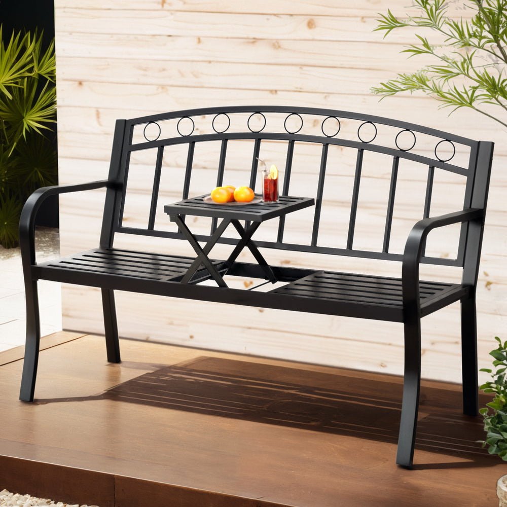 Gardeon Outdoor Garden Bench Seat Loveseat Steel Foldable Table Patio Furniture Black - Outdoorium