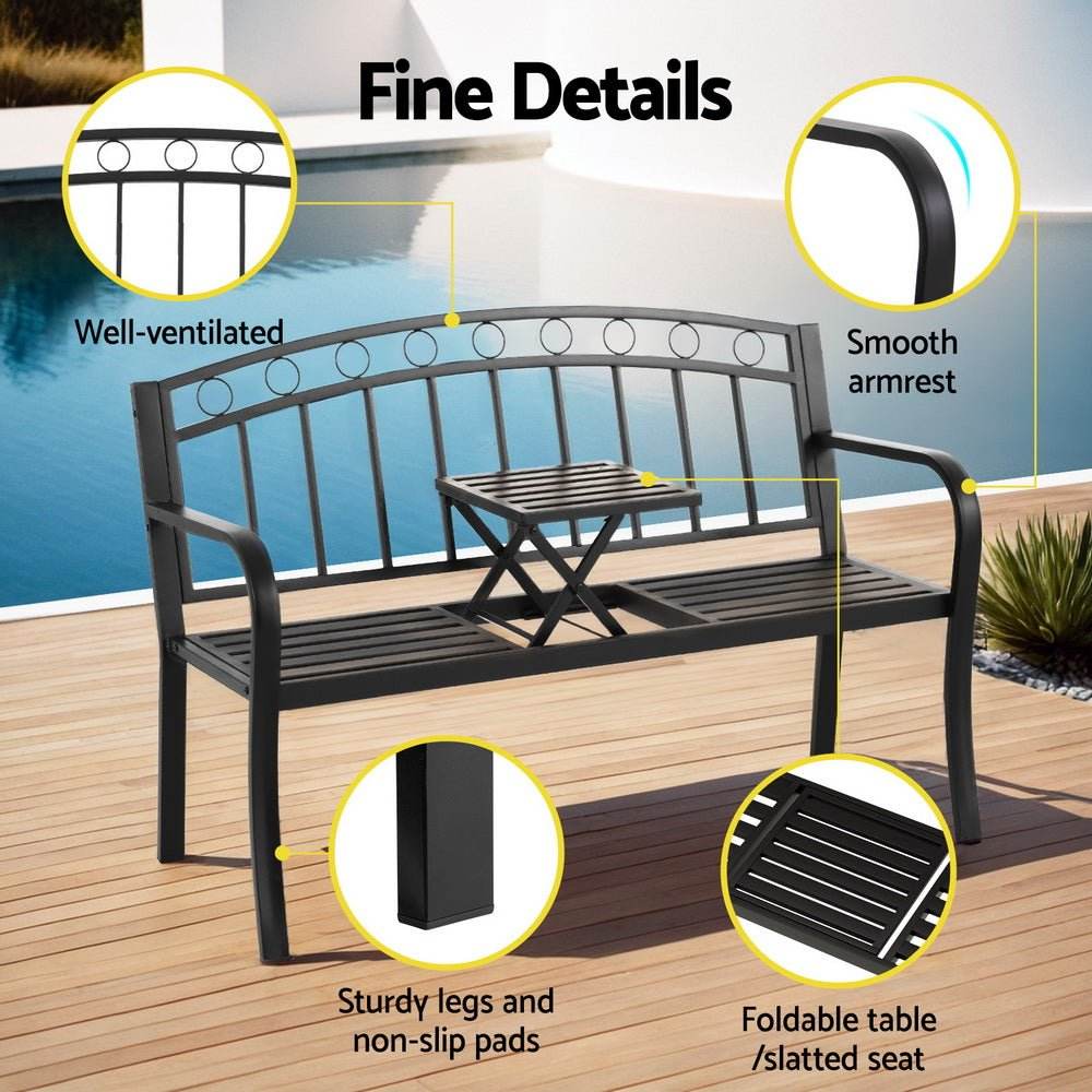 Gardeon Outdoor Garden Bench Seat Loveseat Steel Foldable Table Patio Furniture Black | Outdoorium