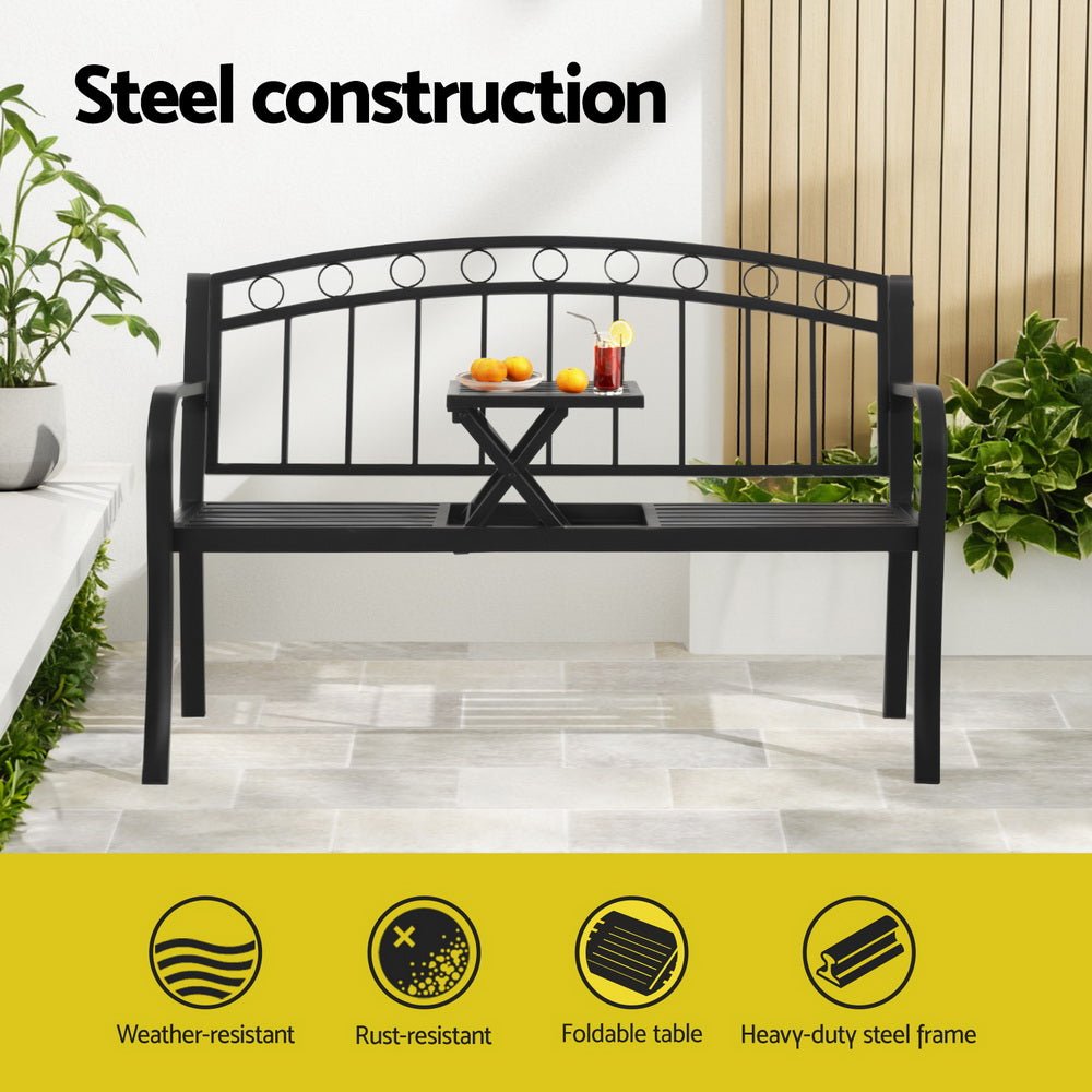 Gardeon Outdoor Garden Bench Seat Loveseat Steel Foldable Table Patio Furniture Black - Outdoorium