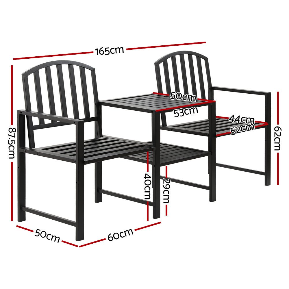 Gardeon Outdoor Garden Bench Seat Loveseat Steel Table Chairs Patio Furniture Black - Outdoorium