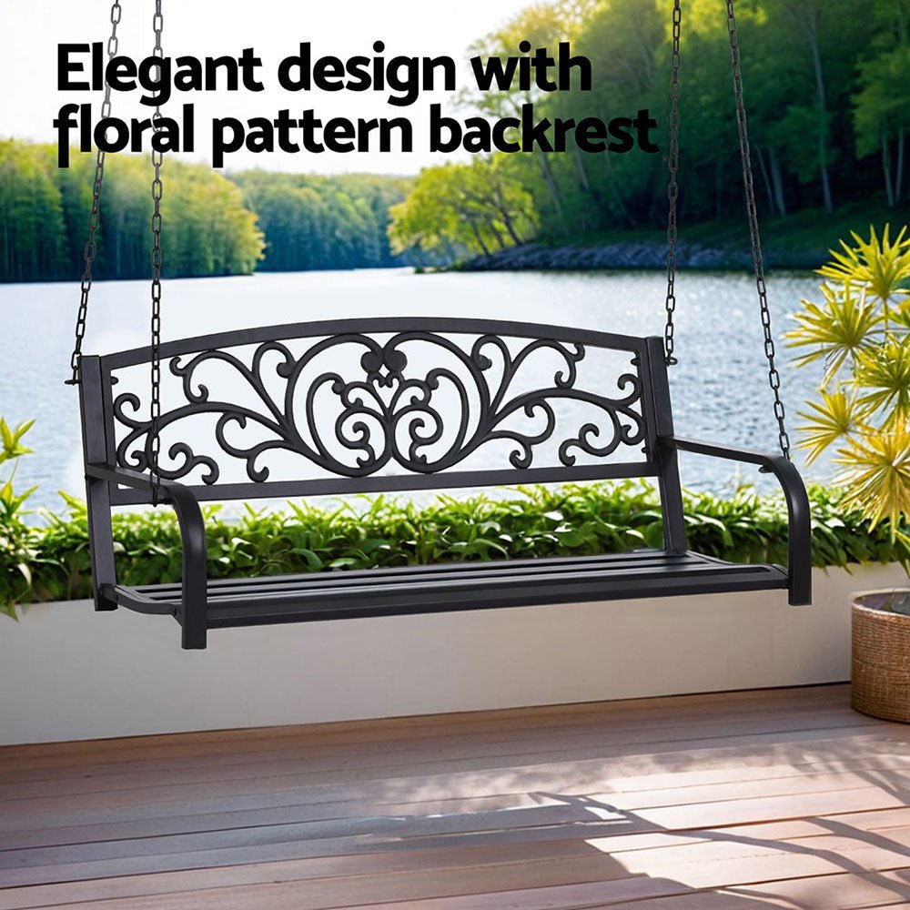 Gardeon Outdoor Porch Swing Chair Patio Furniture Floral Backrest 2 Seater Black - Outdoorium