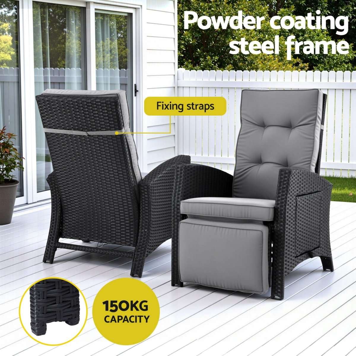 Gardeon Outdoor Recliner Chairs Sun lounge Wicker Lounger Patio Furniture Adjustable Black | Furniture > Outdoor > Outdoor Chairs