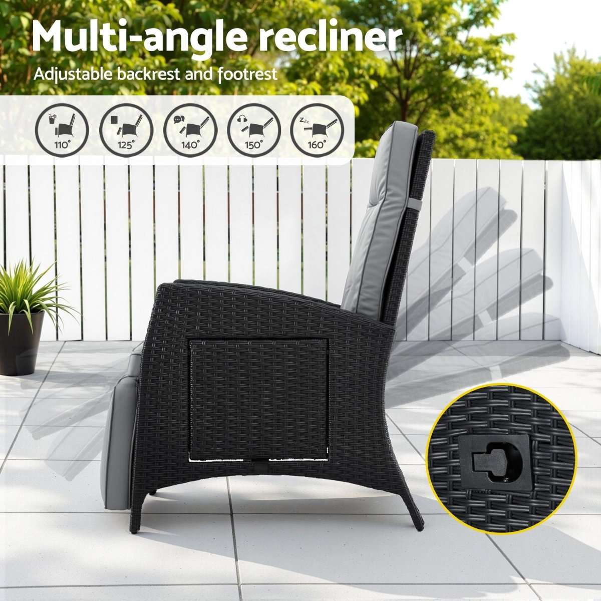 Gardeon Outdoor Recliner Chairs Sun lounge Wicker Lounger Patio Furniture Adjustable Black | Furniture > Outdoor > Outdoor Chairs