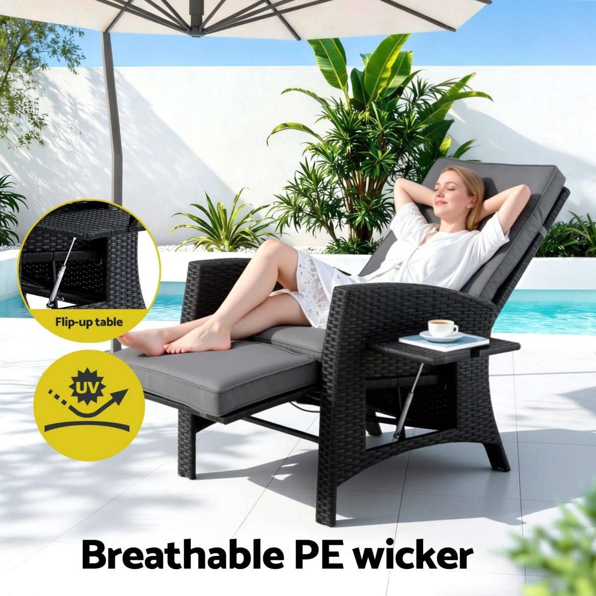 Gardeon Outdoor Recliner Chairs Sun lounge Wicker Lounger Patio Furniture Adjustable Black | Furniture > Outdoor > Outdoor Chairs