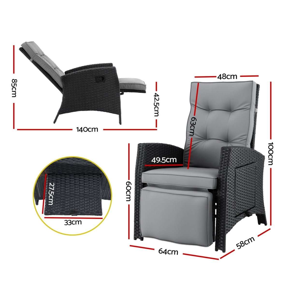Gardeon Outdoor Recliner Chairs Sun lounge Wicker Lounger Patio Furniture Adjustable Black | Furniture > Outdoor > Outdoor Chairs