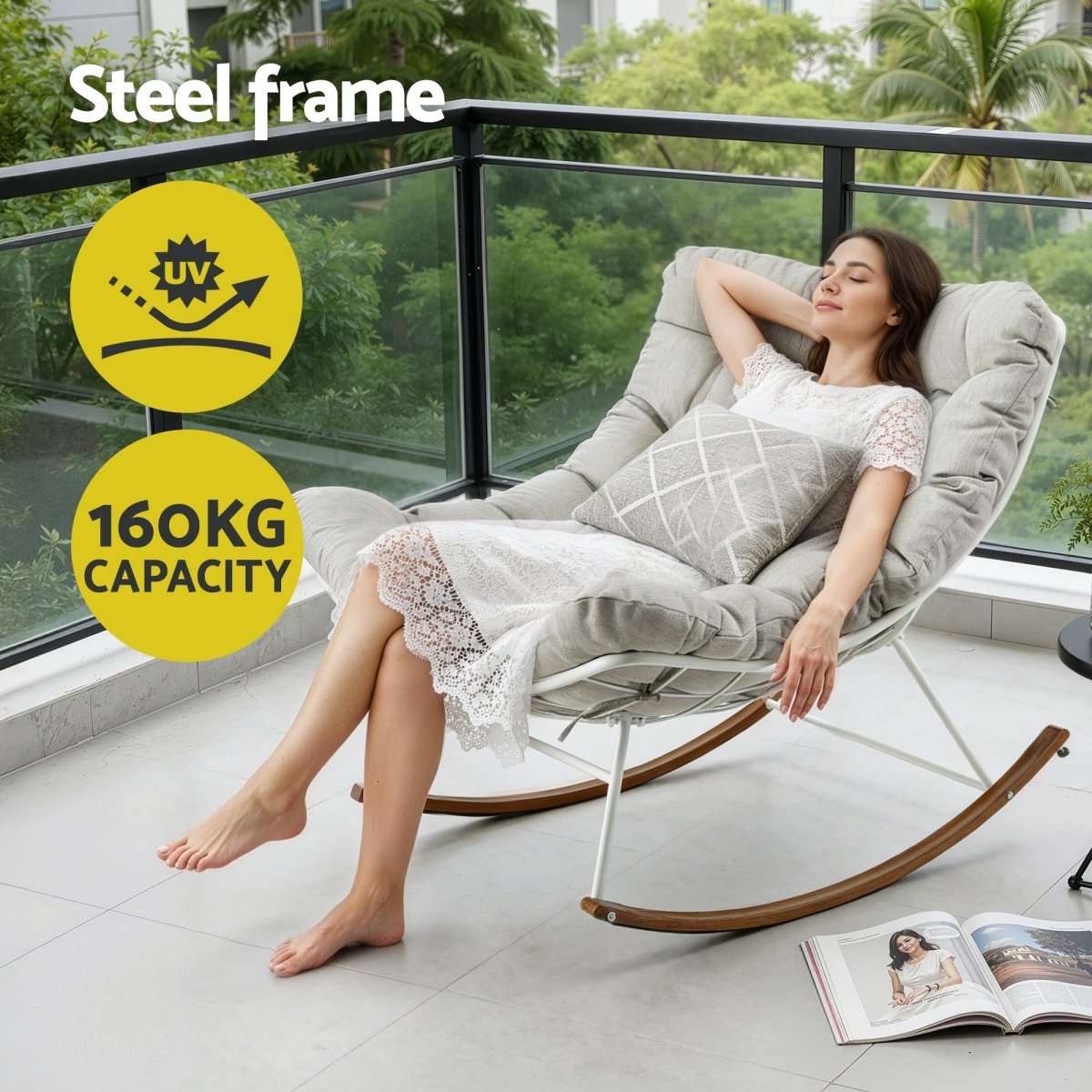 Gardeon Outdoor Rocking Chair Furniture Papasan Recliner Garden Patio Lounge Setting White | Furniture > Outdoor > Outdoor Chairs