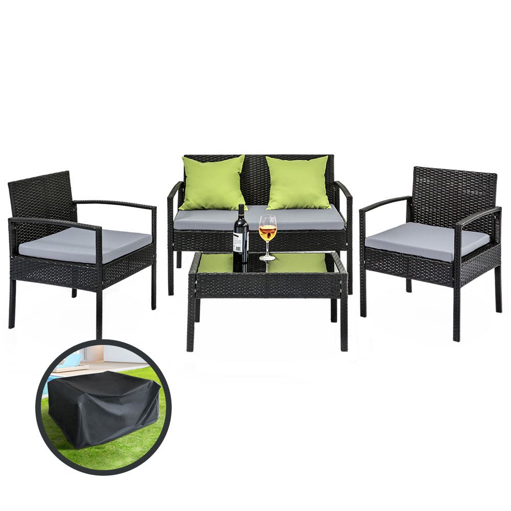 Gardeon Outdoor Sofa Set Wicker Lounge Setting Table and Chairs Storage Cover - Outdoorium