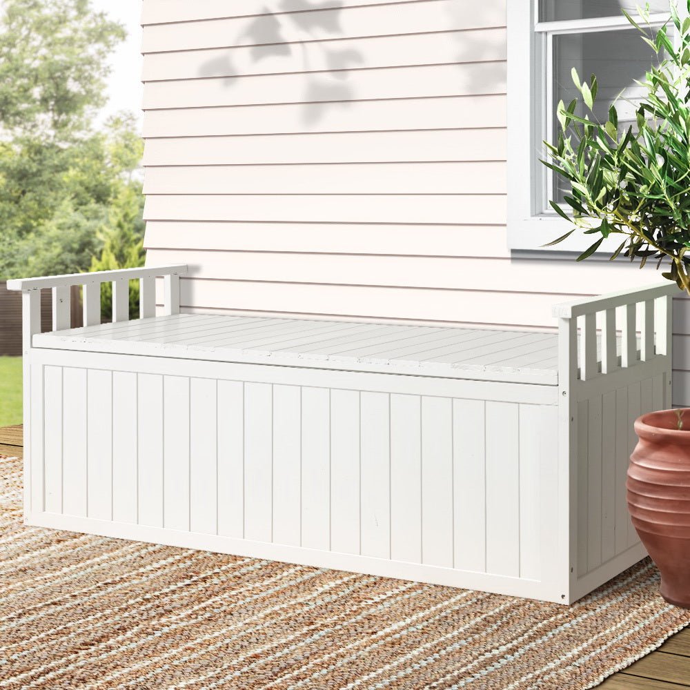 Gardeon Outdoor Storage Bench Box 129cm Wooden Garden Toy Chest Sheds Patio Furniture XL White - Outdoorium
