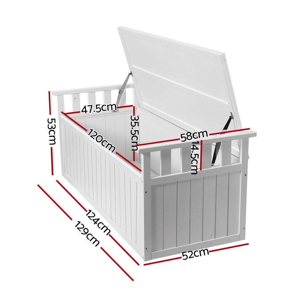 Gardeon Outdoor Storage Bench Box 129cm Wooden Garden Toy Chest Sheds Patio Furniture XL White - Outdoorium